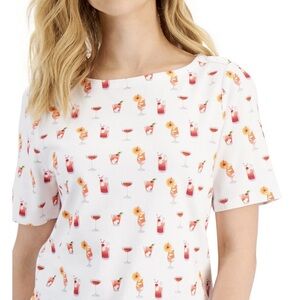 Charter Club Cream Tee with Orange and Red Cocktail Print